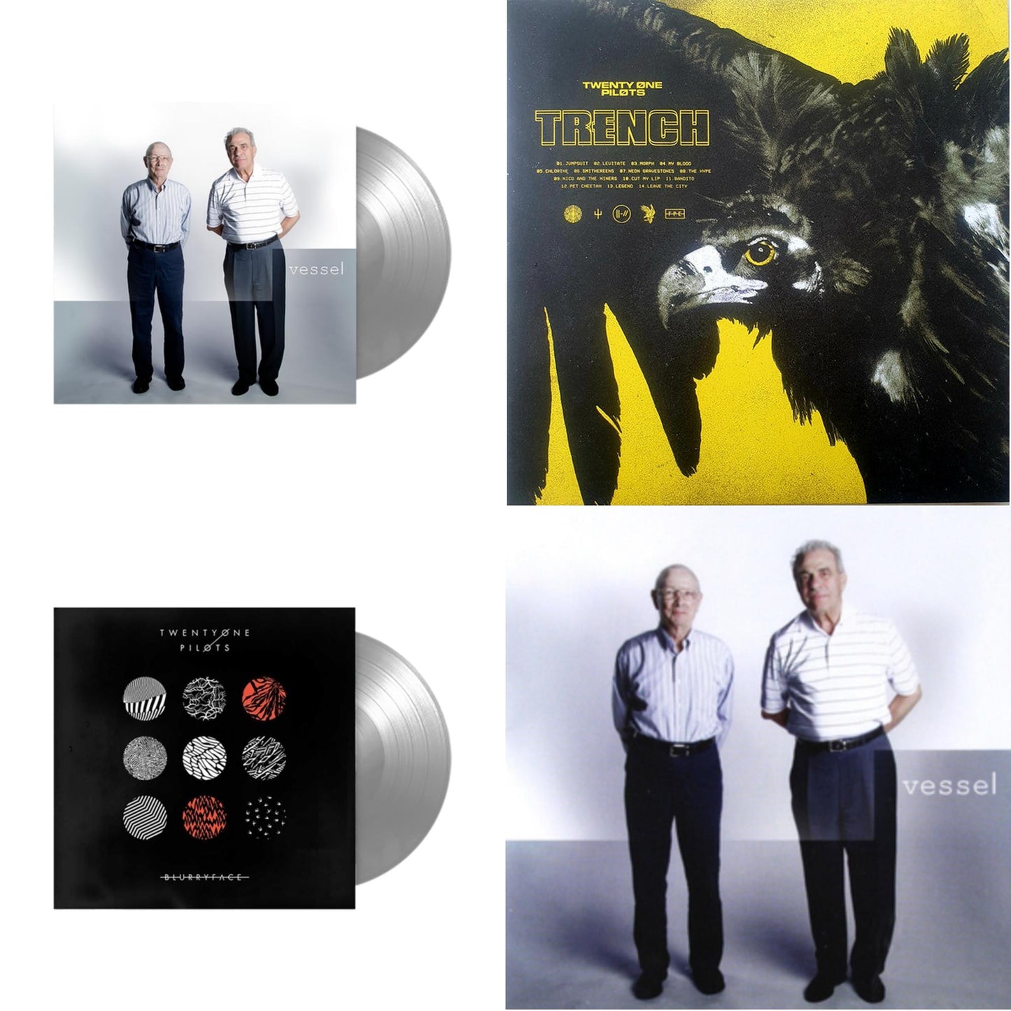 This is a 4 LP Vinyl SKU bundle.
1.This LP Vinyl is brand new.Format: LP VinylMusic Style: Synth-popThis item's title is: Vessel (Fbr 25Th Anniversary/Silver LP Vinyl)Artist: Twenty One PilotsLabel: FUELED BY RAMENBarcode: 075678645686Release Date: 1/14/2022
2.