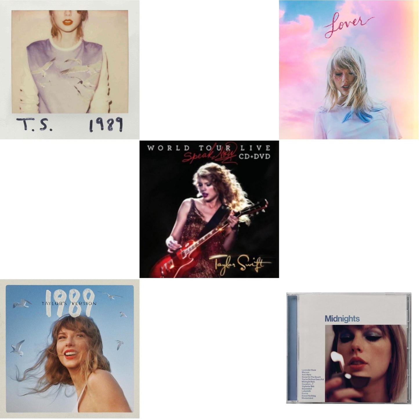 This is a 5 CD SKU bundle.
1.This CD is brand new.Format: CDThis item's title is: Midnights (X) (Moonstone Blue CD)Artist: Taylor SwiftLabel: REPUBLICBarcode: 602445790098Release Date: 10/21/2022
2.This CD is brand new.
