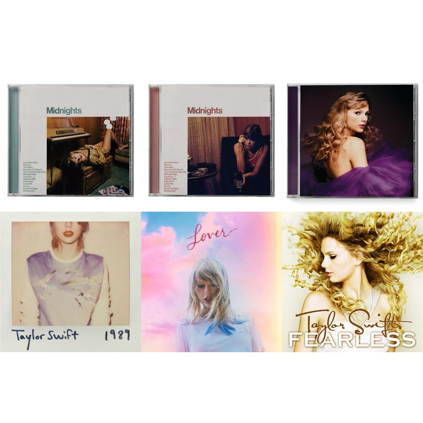 This is a 6 CD SKU bundle.
1.This CD is brand new.Format: CDMusic Style: Synth-popThis item's title is: Midnights (X) (Jade Green CD)Artist: Taylor SwiftLabel: REPUBLICBarcode: 602445790104Release Date: 10/21/2022
2.This CD is brand new.
