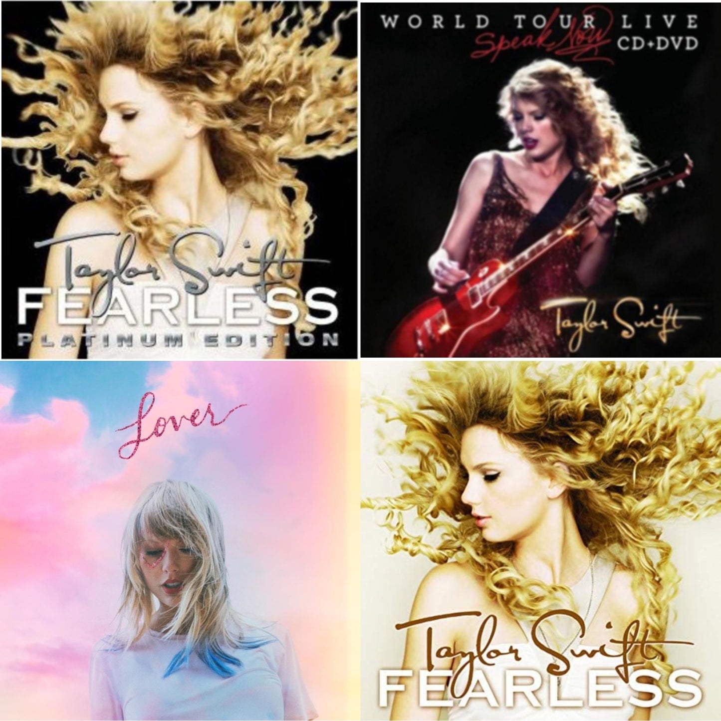 This is a 4 CD SKU bundle.
1.This CD is brand new.Format: CDMusic Style: CountryThis item's title is: FearlessArtist: Taylor SwiftLabel: Rock/PopBarcode: 602527230344Release Date: 11/16/2009
2.This CD is brand new.
