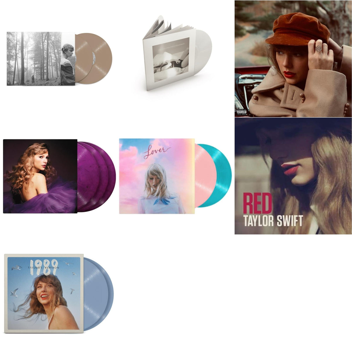 Taylor Swift - Folklore (X) (Beige Vinyl/2LP) & Red (Taylor's Version) (4LP) & Speak Now (Taylor's Version) (Orchid Marbled Vinyl/3LP) & 1989 (Taylor's Version) (2LP/Crystal Skies Blue Vinyl) & Tortured Poets Department (X) (Ghosted White