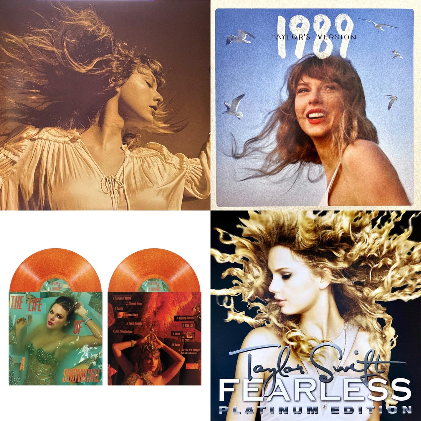 Fearless (Taylor's Version) (Gold Vinyl/3LP) & 1989 (Taylor's Version) (2LP/Crystal Skies Blue Vinyl) & Life Of A Showgirl (X) (Sweat & Vanilla Perfume Portofino Orange Glitter LP Vinyl) & Fearless Platinum Edition