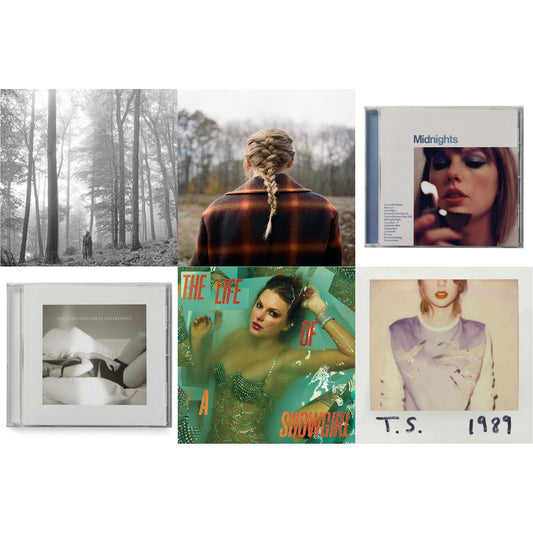 Folklore (Edited) & Evermore (X) & Midnights (X) (Moonstone Blue CD) & Tortured Poets Department (X) (Manuscript- Bonus Track) & Life Of A Showgirl (X) (Sweat & Vanilla Perfume CD W/ Poster) & 1989