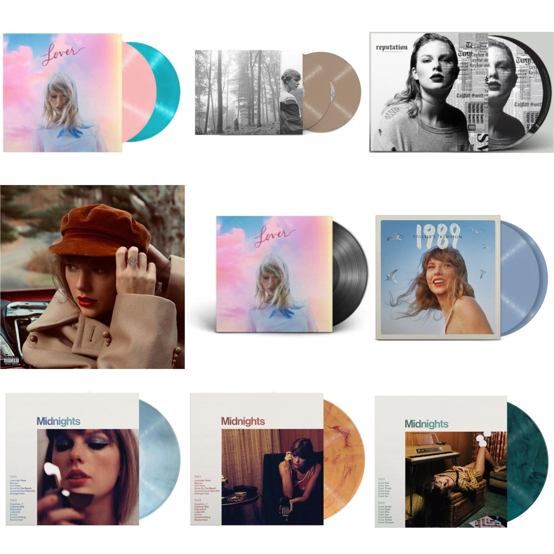 This is a 9 LP Vinyl SKU bundle.
1.This LP Vinyl is brand new.Format: LP VinylMusic Style: VocalThis item's title is: Folklore (X) (Beige Vinyl/2LP)Artist: Taylor SwiftLabel: Republic RecordsBarcode: 602435034881Release Date: 7/23/2021
2.This LP Vinyl is brand new.
