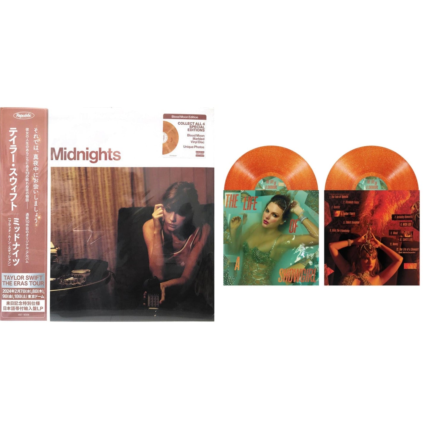 Midnights (X) (Blood Moon LP Vinyl) & Life Of A Showgirl (X) (Sweat & Vanilla Perfume Portofino Orange Glitter LP Vinyl)
