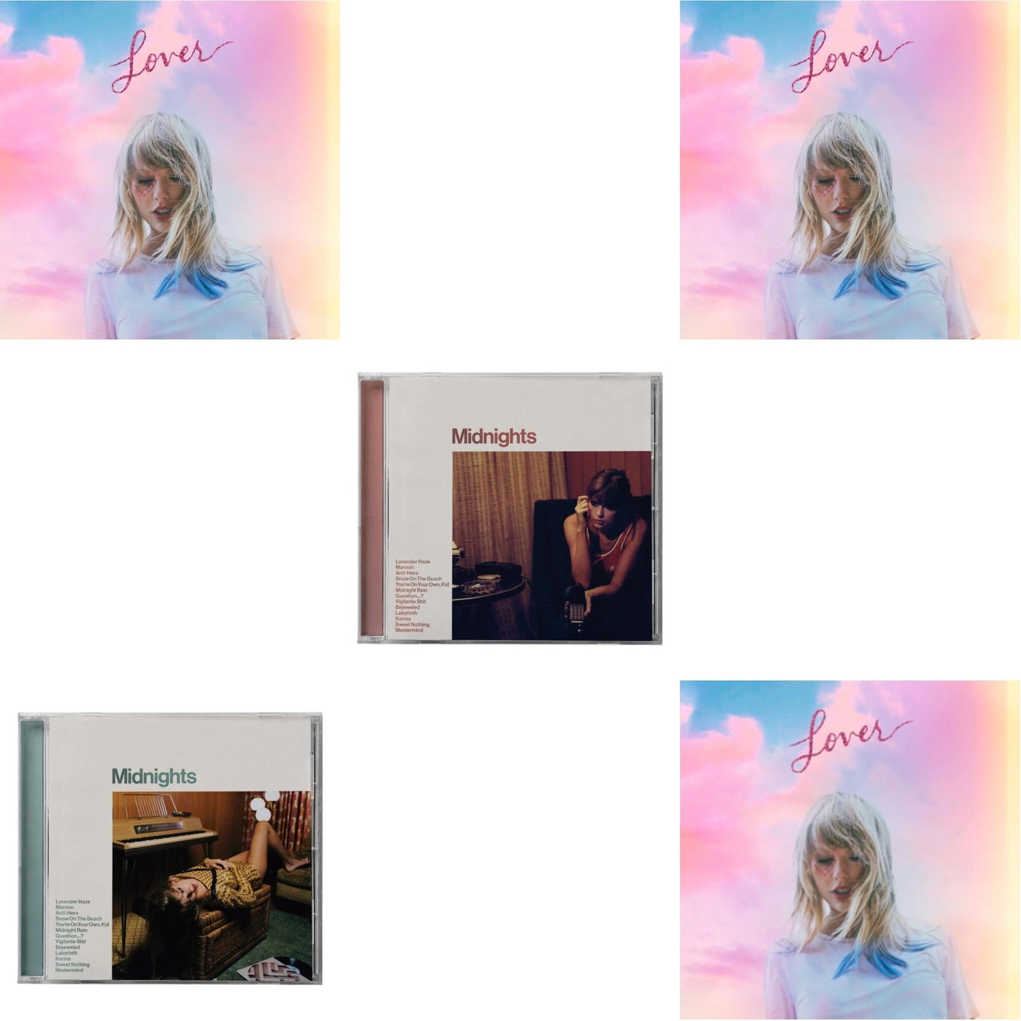 This is a 5 CD SKU bundle.
1.This CD is brand new.Format: CDMusic Style: Synth-popThis item's title is: Midnights (X) (Jade Green CD)Artist: Taylor SwiftLabel: REPUBLICBarcode: 602445790104Release Date: 10/21/2022
2.This CD is brand new.