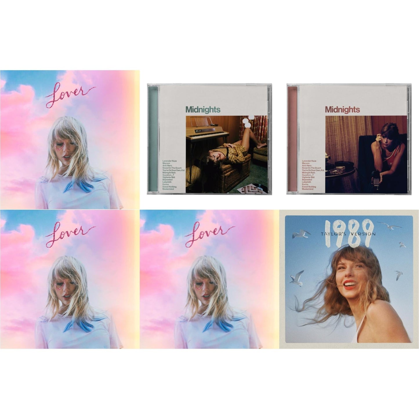 This is a 6 CD SKU bundle.
1.This CD is brand new.Format: CDMusic Style: Synth-popThis item's title is: Midnights (X) (Jade Green CD)Artist: Taylor SwiftLabel: REPUBLICBarcode: 602445790104Release Date: 10/21/2022
2.This CD is brand new.