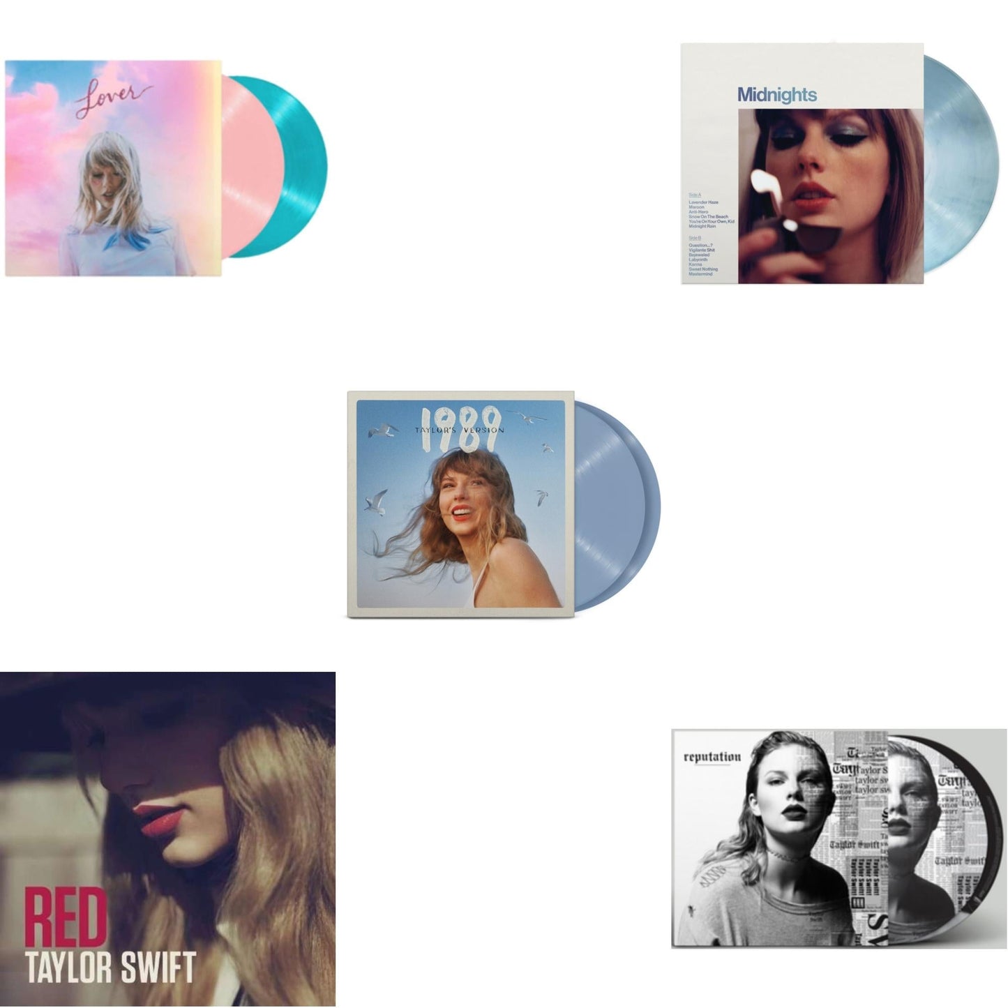 This is a 5 LP Vinyl SKU bundle.
1.This LP Vinyl is brand new.Format: LP VinylMusic Style: Synth-popThis item's title is: Midnights (X) (Moonstone Blue LP Vinyl)Artist: Taylor SwiftLabel: REPUBLICBarcode: 602445789825Release Date: 10/21/2022
2.This LP Vinyl is brand new.