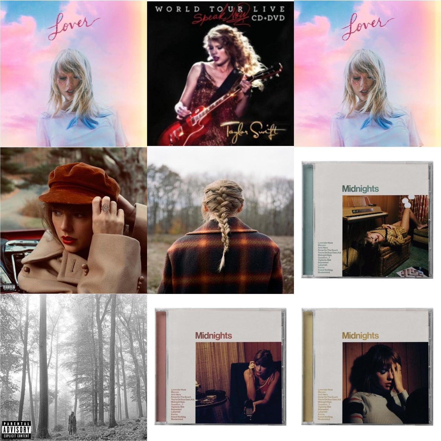 Folklore (X) & Evermore (X) & Red (Taylor's Version) (X) (2CD) & Midnights (X) (Jade Green CD) & Midnights (X) (Blood Moon CD) & Midnights (X) (Mahogany CD) & Speak Now World Tour Live (CD/DVD) & Lover (Deluxe) (Version 2) & Lover