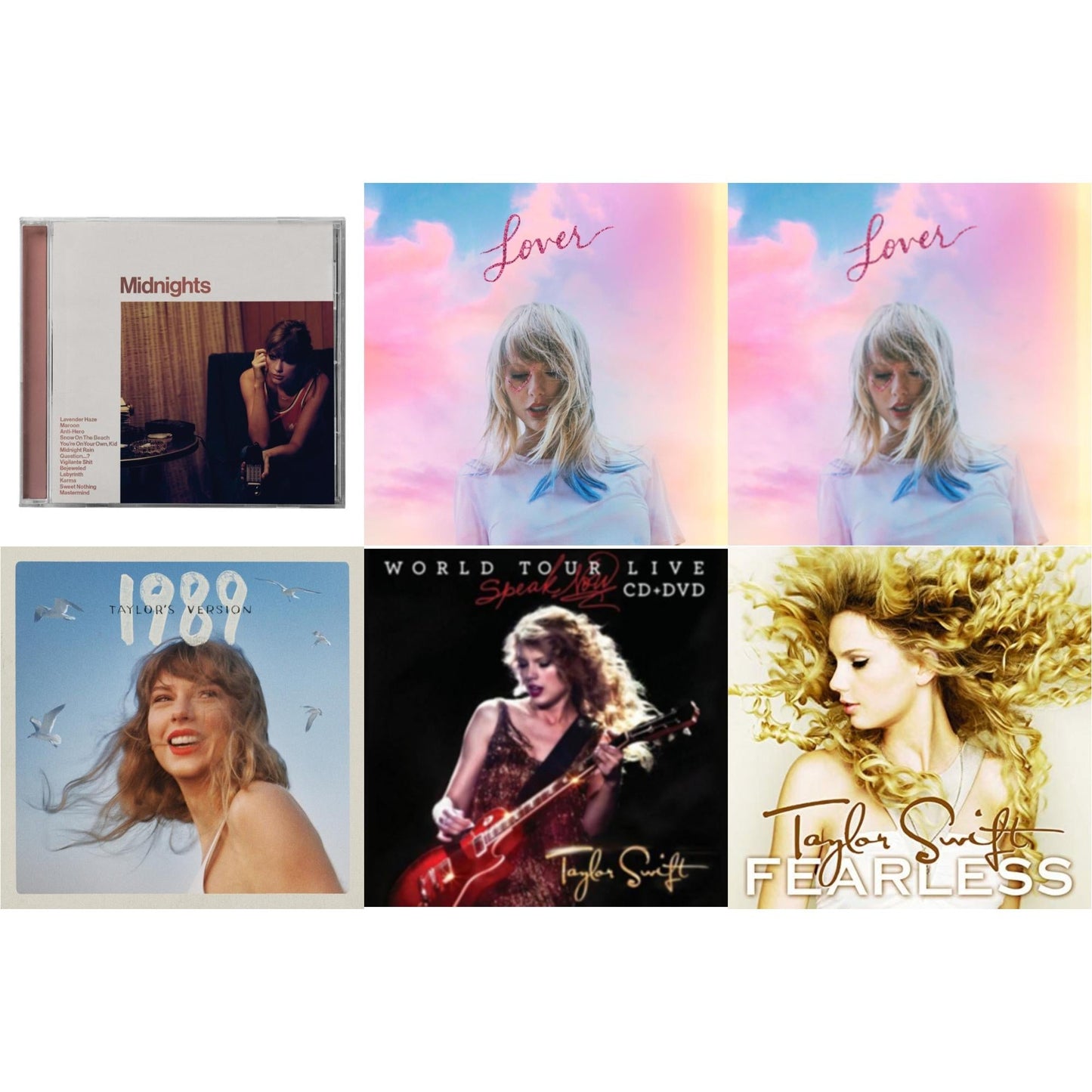 This is a 6 CD SKU bundle.
1.This CD is brand new.Format: CDMusic Style: Synth-popThis item's title is: Midnights (X) (Blood Moon CD)Artist: Taylor SwiftLabel: REPUBLICBarcode: 602445790111Release Date: 10/21/2022
2.This CD is brand new.