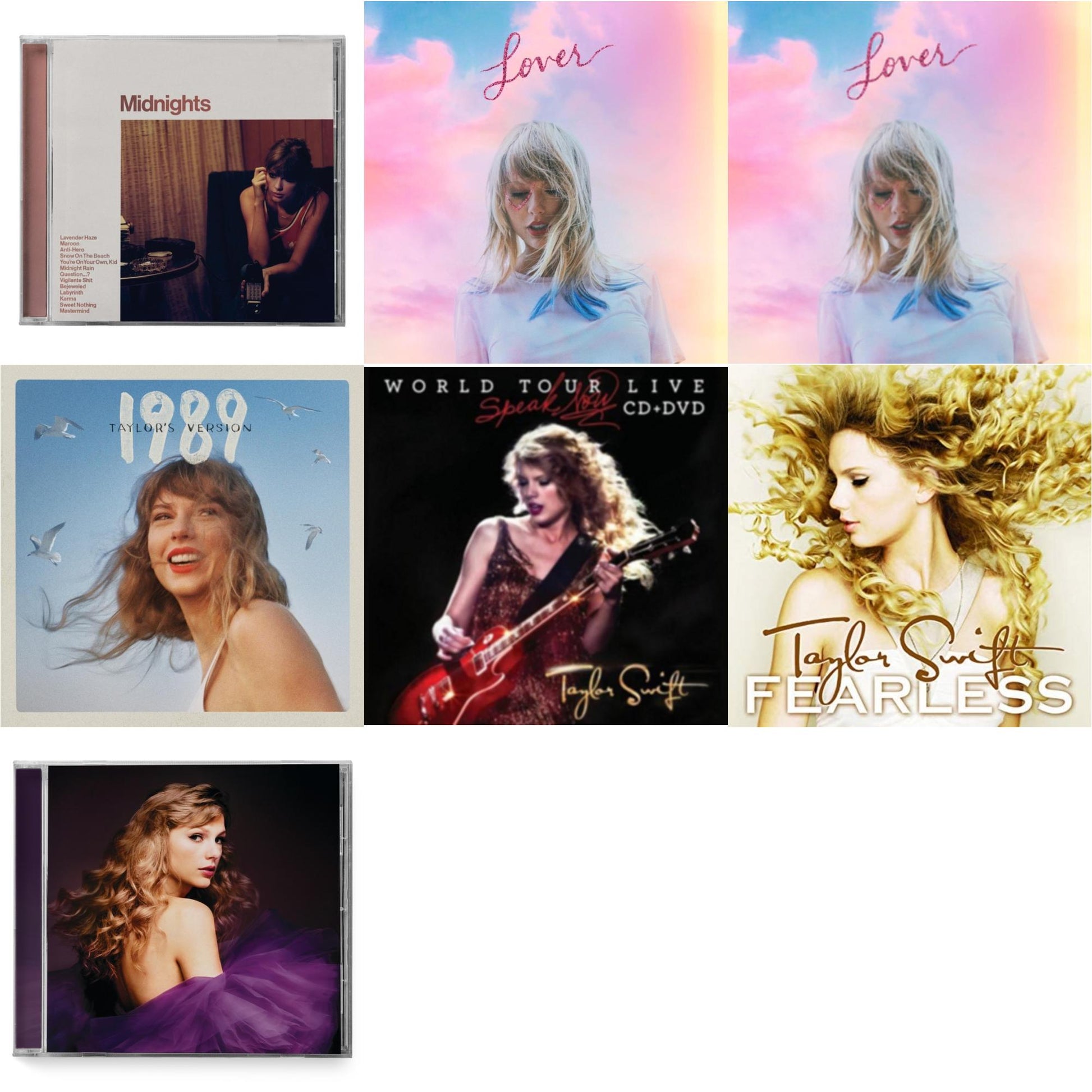 This is a 7 CD SKU bundle.
1.This CD is brand new.Format: CDMusic Style: Synth-popThis item's title is: Midnights (X) (Blood Moon CD)Artist: Taylor SwiftLabel: REPUBLICBarcode: 602445790111Release Date: 10/21/2022
2.This CD is brand new.