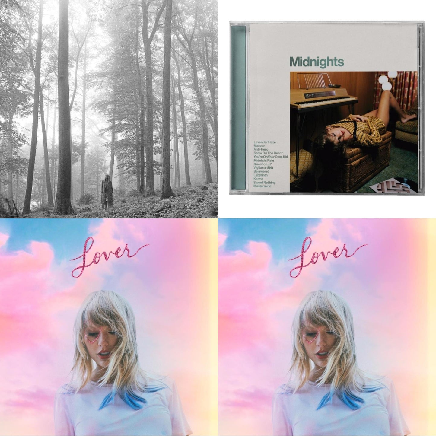 This is a 4 CD SKU bundle.
1.This CD is brand new.Format: CDMusic Style: VocalThis item's title is: Folklore (Edited)Artist: Taylor SwiftLabel: REPUBLICBarcode: 602435034799Release Date: 8/7/2020
2.This CD is brand new.