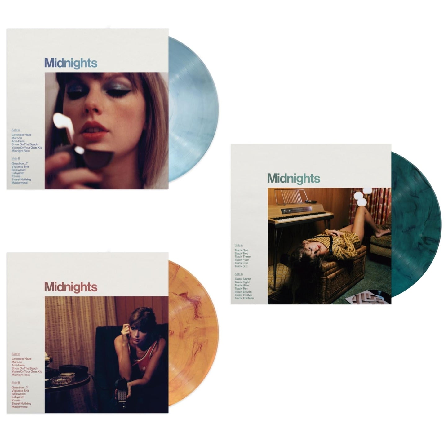 This is a 3 LP Vinyl SKU bundle.
1.This LP Vinyl is brand new.Format: LP VinylMusic Style: Synth-popThis item's title is: Midnights (X) (Moonstone Blue LP Vinyl)Artist: Taylor SwiftLabel: REPUBLICBarcode: 602445789825Release Date: 10/21/2022
2.This LP Vinyl is brand new.