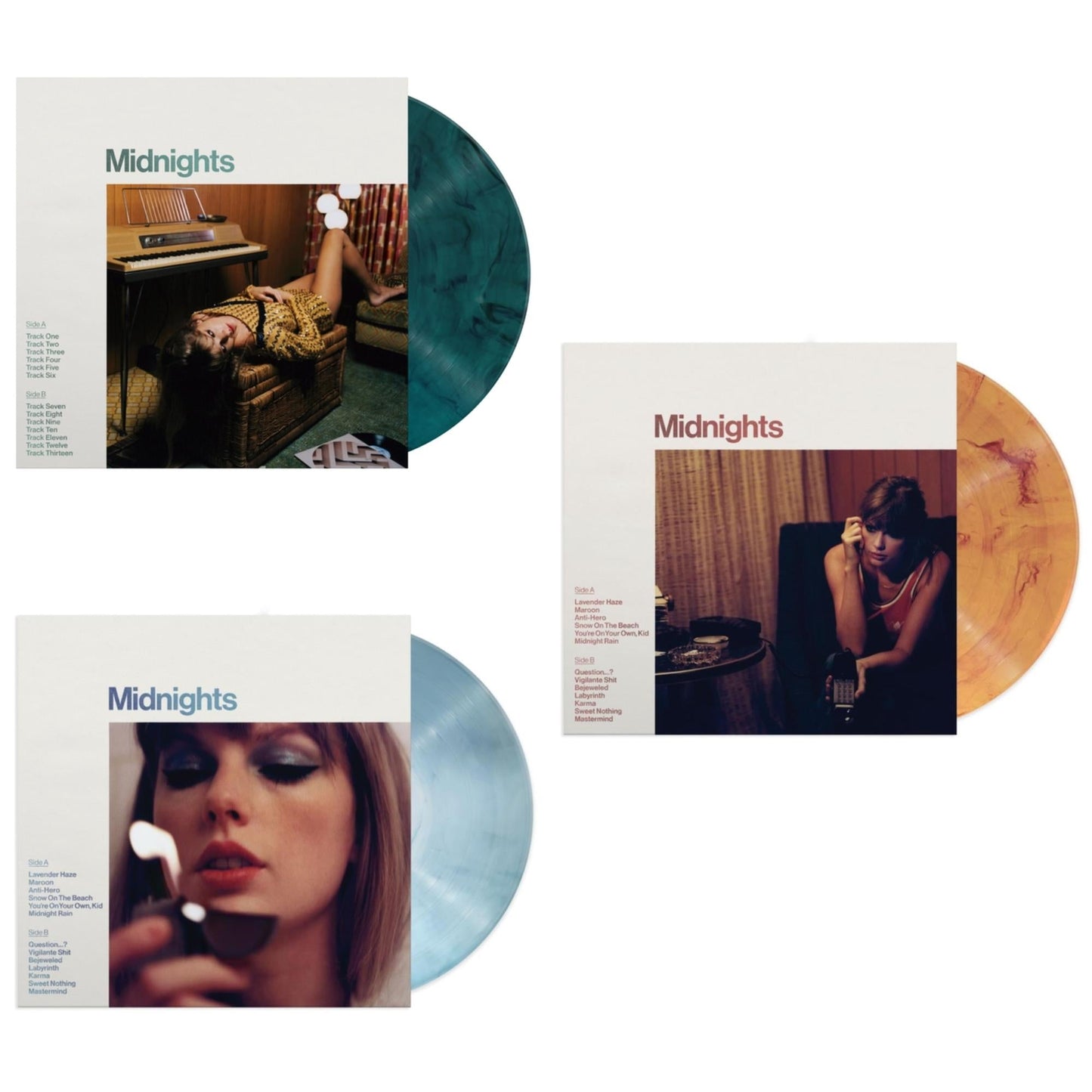 This is a 3 LP Vinyl SKU bundle.
1.This LP Vinyl is brand new.Format: LP VinylMusic Style: Indie PopThis item's title is: Midnights (X) (Jade Green LP Vinyl)Artist: Taylor SwiftLabel: REPUBLICBarcode: 602445790050Release Date: 10/21/2022
2.This LP Vinyl is brand new.