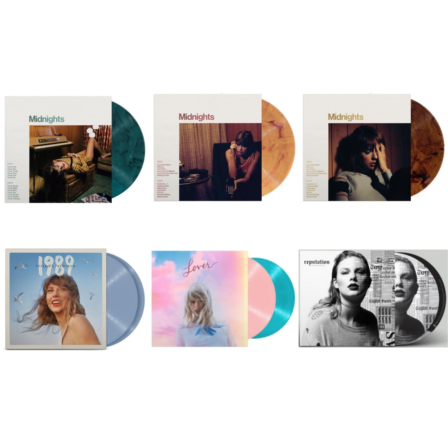 This is a 6 LP Vinyl SKU bundle.
1.This LP Vinyl is brand new.Format: LP VinylMusic Style: Indie PopThis item's title is: Midnights (X) (Jade Green LP Vinyl)Artist: Taylor SwiftLabel: REPUBLICBarcode: 602445790050Release Date: 10/21/2022
2.This LP Vinyl is brand new.