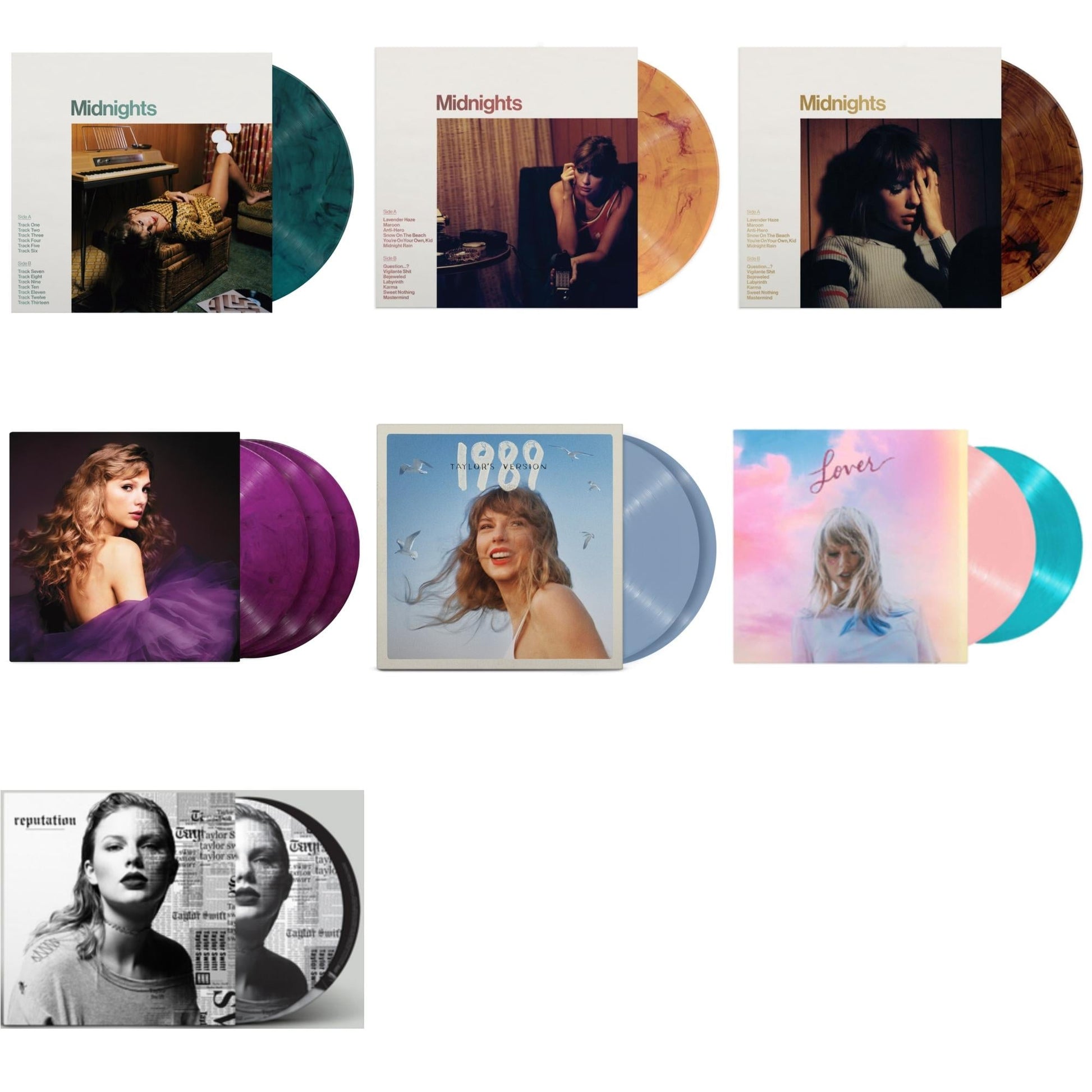 This is a 7 LP Vinyl SKU bundle.
1.This LP Vinyl is brand new.Format: LP VinylMusic Style: Indie PopThis item's title is: Midnights (X) (Jade Green LP Vinyl)Artist: Taylor SwiftLabel: REPUBLICBarcode: 602445790050Release Date: 10/21/2022
2.This LP Vinyl is brand new.