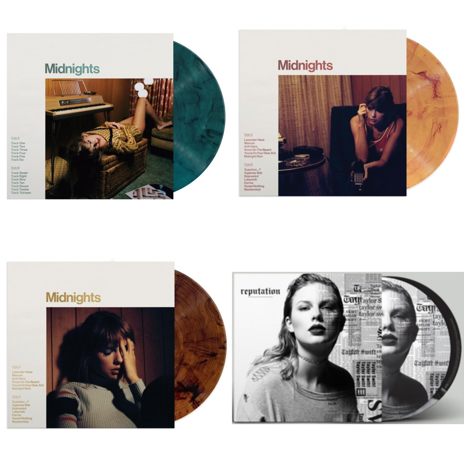 This is a 4 LP Vinyl SKU bundle.
1.This LP Vinyl is brand new.Format: LP VinylMusic Style: Indie PopThis item's title is: Midnights (X) (Jade Green LP Vinyl)Artist: Taylor SwiftLabel: REPUBLICBarcode: 602445790050Release Date: 10/21/2022
2.This LP Vinyl is brand new.