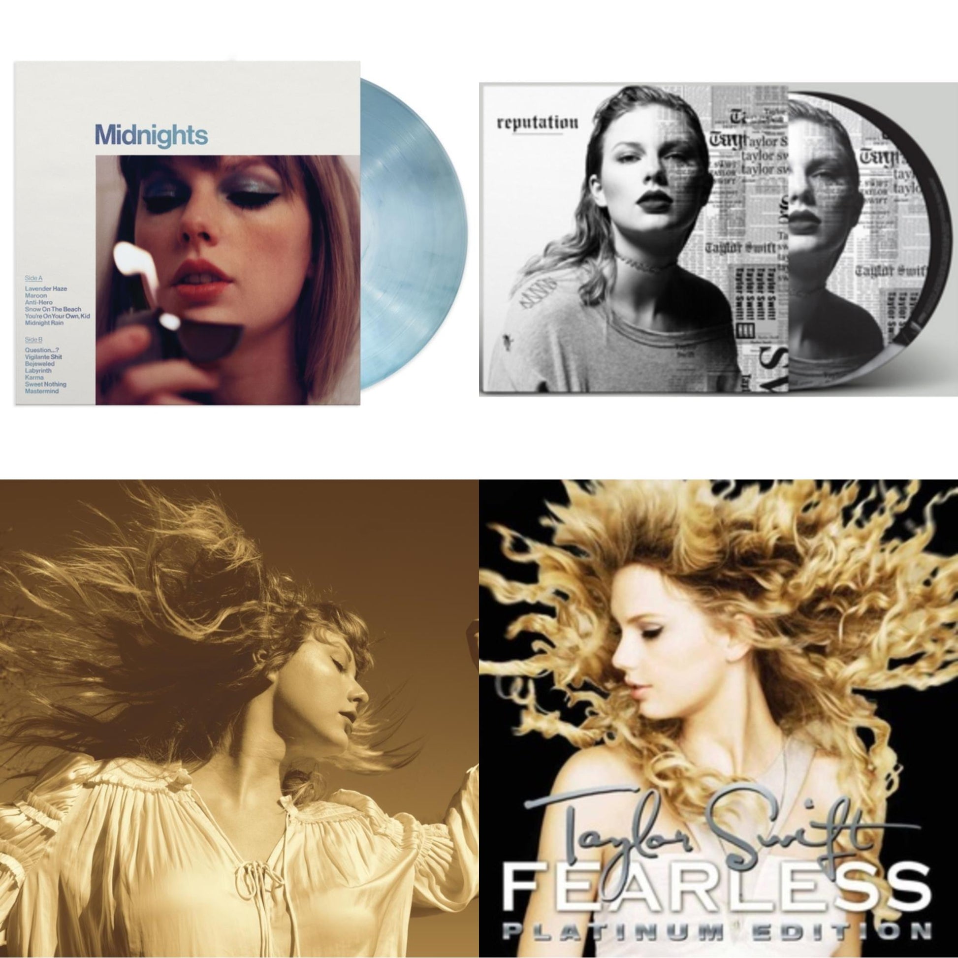 This is a 4 LP Vinyl SKU bundle.
1.This LP Vinyl is brand new.Format: LP VinylMusic Style: CountryThis item's title is: Fearless (Taylor's Version) (Gold Vinyl/3LP)Artist: Taylor SwiftLabel: Republic RecordsBarcode: 602435845104Release Date: 10/1/2021
2.This LP Vinyl is brand new.