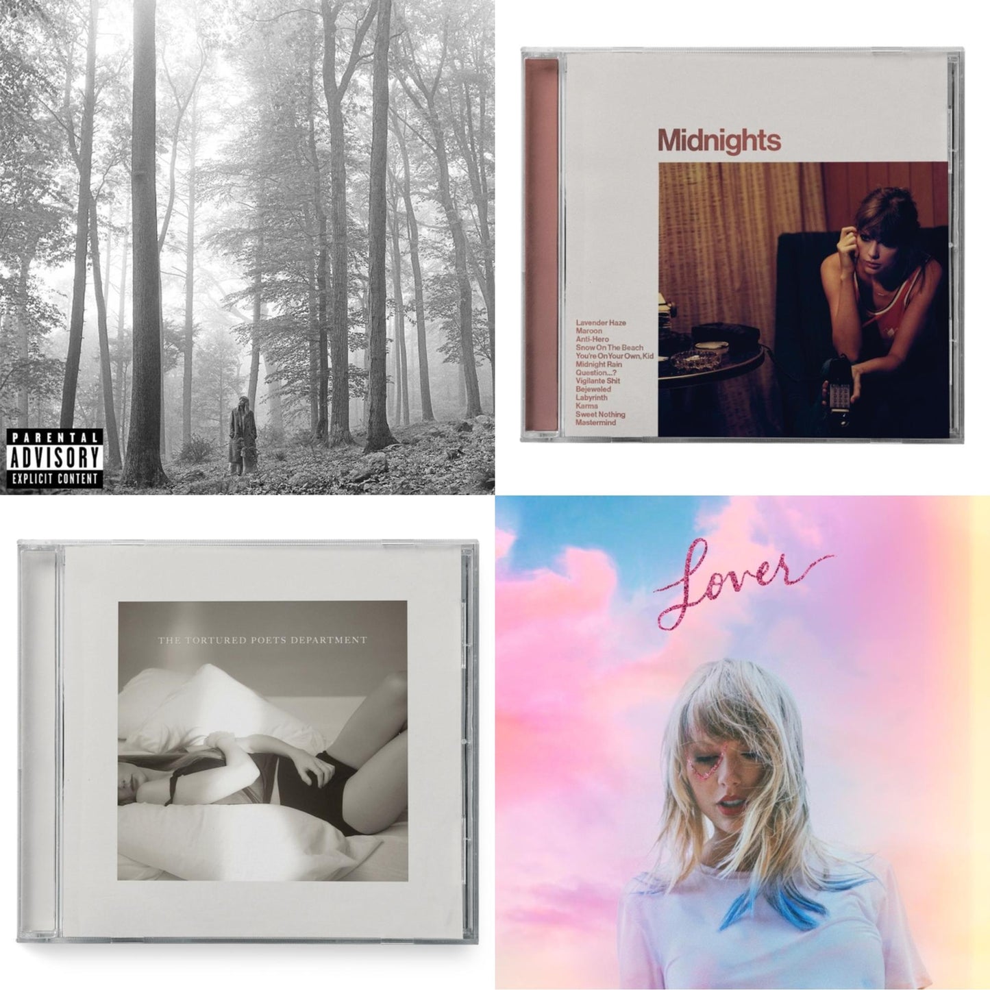 Folklore (X) & Midnights (X) (Blood Moon CD) & Tortured Poets Department (X) (Manuscript- Bonus Track) & Lover (Deluxe) (Version 4)
