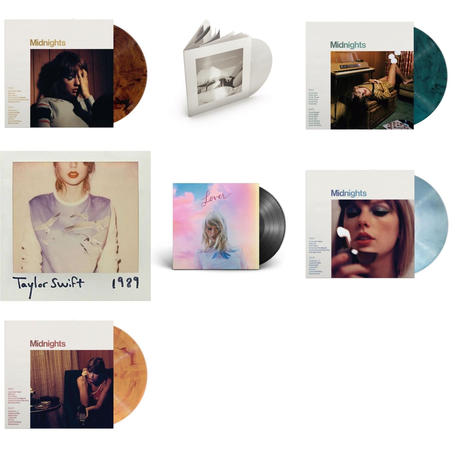 Taylor Swift - Midnights (X) (Moonstone Blue LP Vinyl) & Midnights (X) (Jade Green LP Vinyl) & Midnights (X) (Blood Moon LP Vinyl) & Midnights (X) (Mahogany Color LP Vinyl) & Lover (2LP) & Tortured Poets Department (X) (Ghosted White