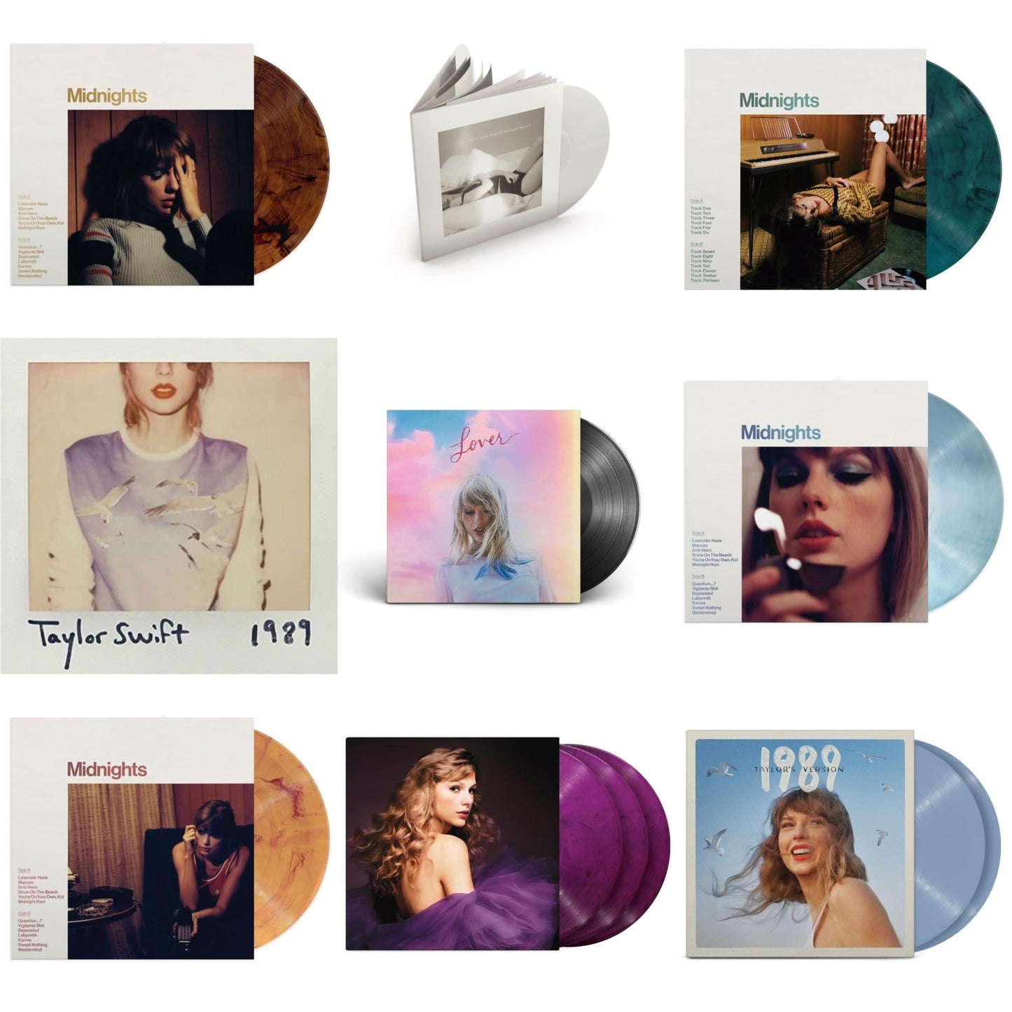 Taylor Swift - Midnights (X) (Moonstone Blue LP Vinyl) & Midnights (X) (Jade Green LP Vinyl) & Midnights (X) (Blood Moon LP Vinyl) & Midnights (X) (Mahogany Color LP Vinyl) & Speak Now (Taylor's Version) (Orchid Marbled Vinyl/3LP) & 1989 (Taylor's