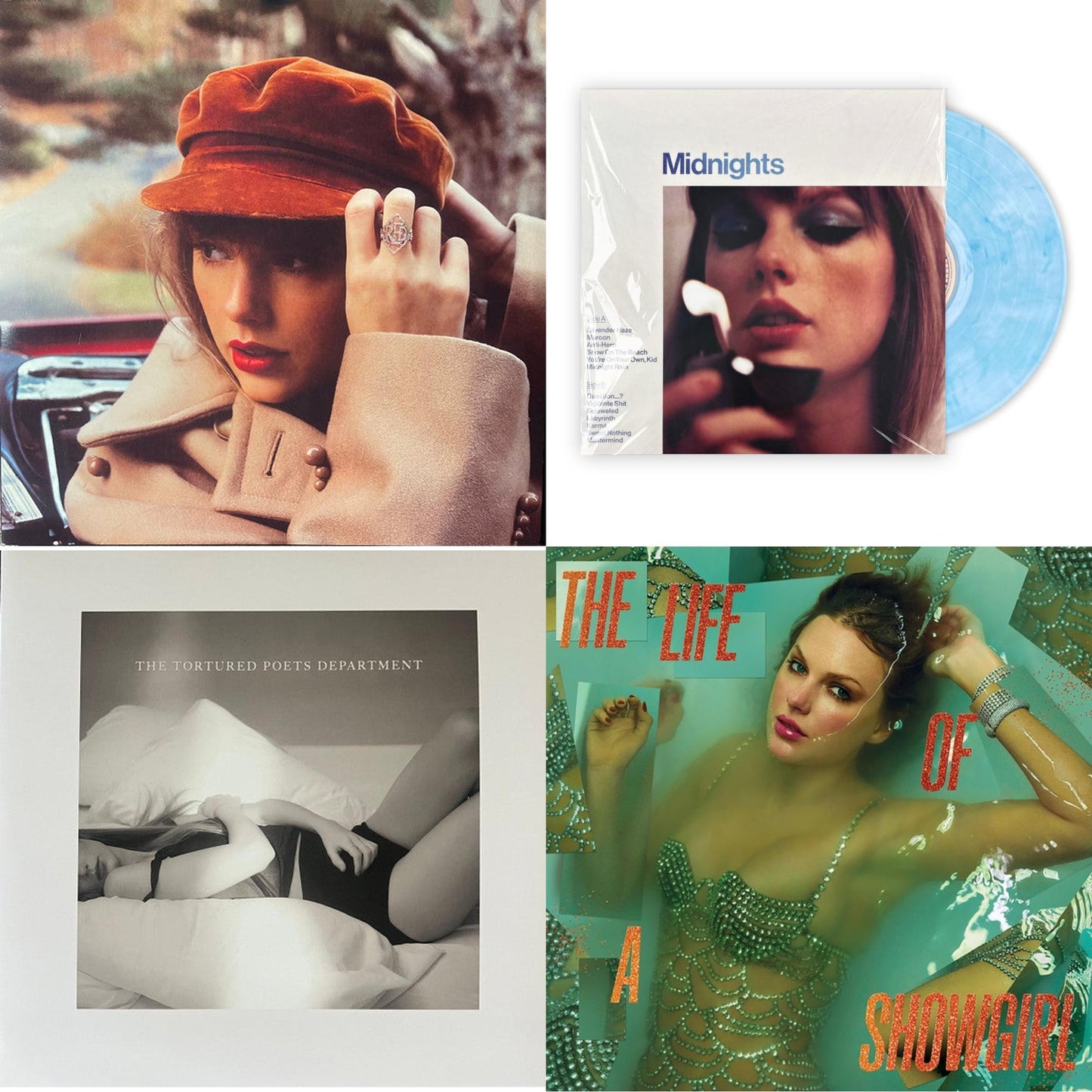 Red (Taylor's Version) (4LP) & Midnights (X) (Moonstone Blue LP Vinyl) & Tortured Poets Department (X) (Ghosted White Vinyl/2LP/Manuscript- Bonus Track) & Life Of A Showgirl (X) (Sweat & Vanilla Perfume Portofino Orange Glitter LP Vinyl)