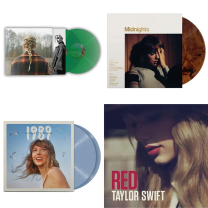 Taylor Swift - Evermore (Translucent Green Vinyl/2LP) & Midnights (X) (Mahogany Color LP Vinyl) & 1989 (Taylor's Version) (2LP/Crystal Skies Blue Vinyl) & Red