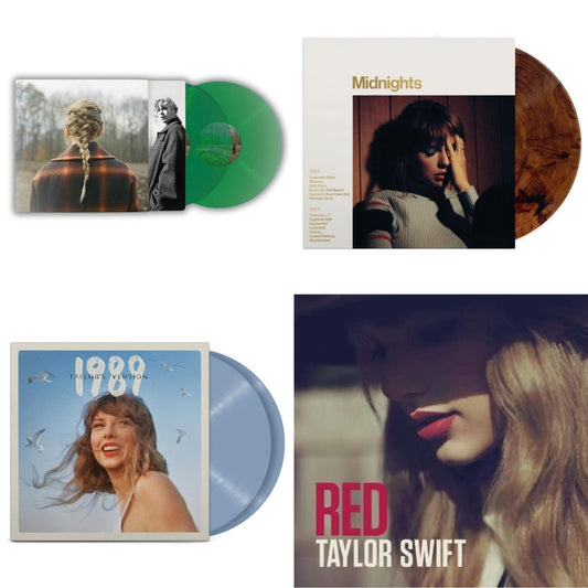 Taylor Swift - Evermore (Translucent Green Vinyl/2LP) & Midnights (X) (Mahogany Color LP Vinyl) & 1989 (Taylor's Version) (2LP/Crystal Skies Blue Vinyl) & Red