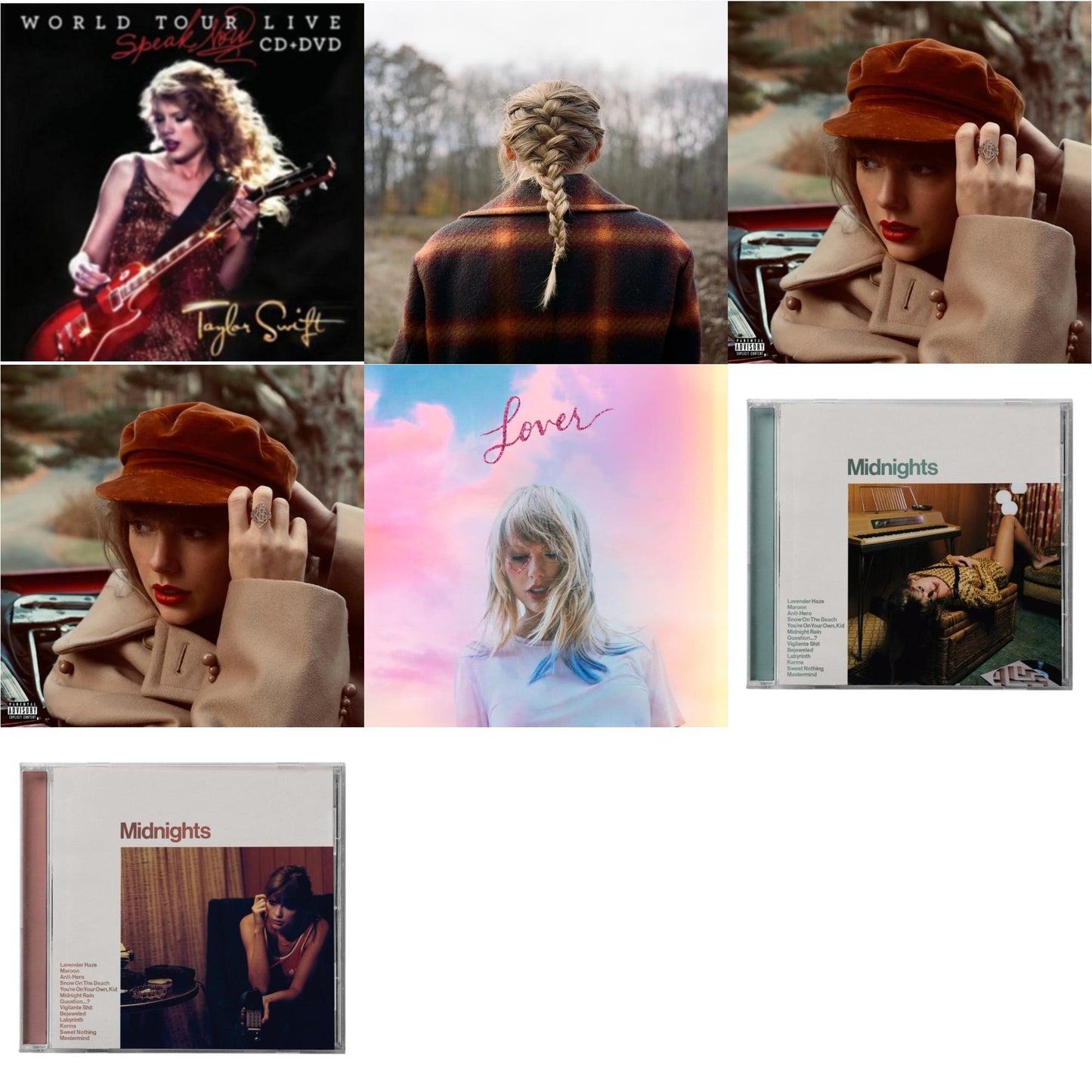 Evermore (X) & Red (Taylor's Version) (X) (2CD) & Red (Taylor's Version) (Edited) (2CD) & Midnights (X) (Jade Green CD) & Midnights (X) (Blood Moon CD) & Speak Now World Tour Live (CD/DVD) & Lover (Deluxe) (Version 4)