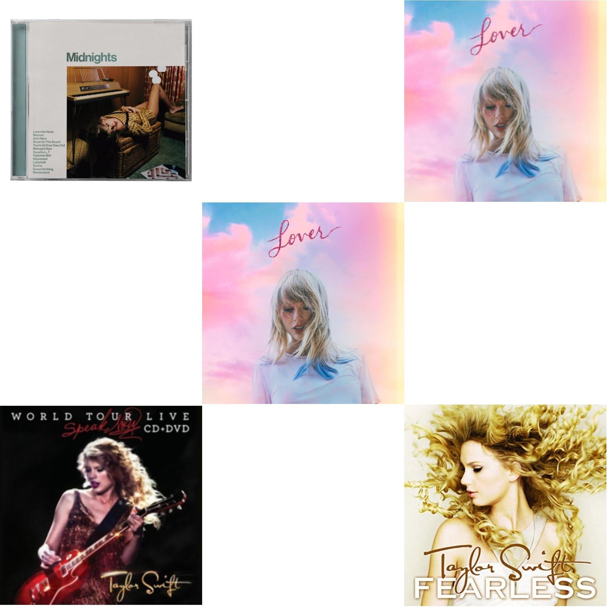 This is a 5 CD SKU bundle.
1.This CD is brand new.Format: CDMusic Style: Synth-popThis item's title is: Midnights (X) (Jade Green CD)Artist: Taylor SwiftLabel: REPUBLICBarcode: 602445790104Release Date: 10/21/2022
2.This CD is brand new.