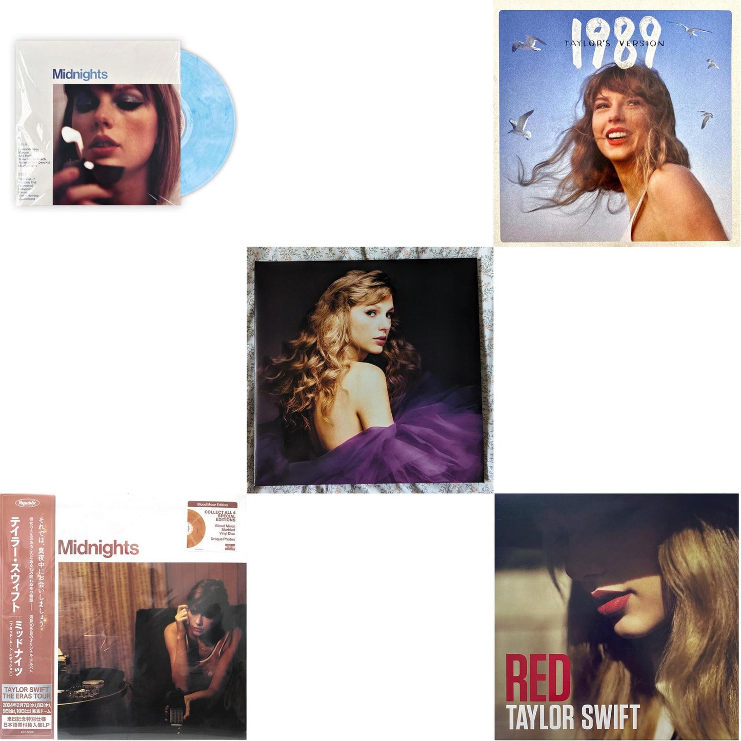 Midnights (X) (Moonstone Blue LP Vinyl) & Midnights (X) (Blood Moon LP Vinyl) & Speak Now (Taylor's Version) (Orchid Marbled Vinyl/3LP) & 1989 (Taylor's Version) (2LP/Crystal Skies Blue Vinyl) & Red