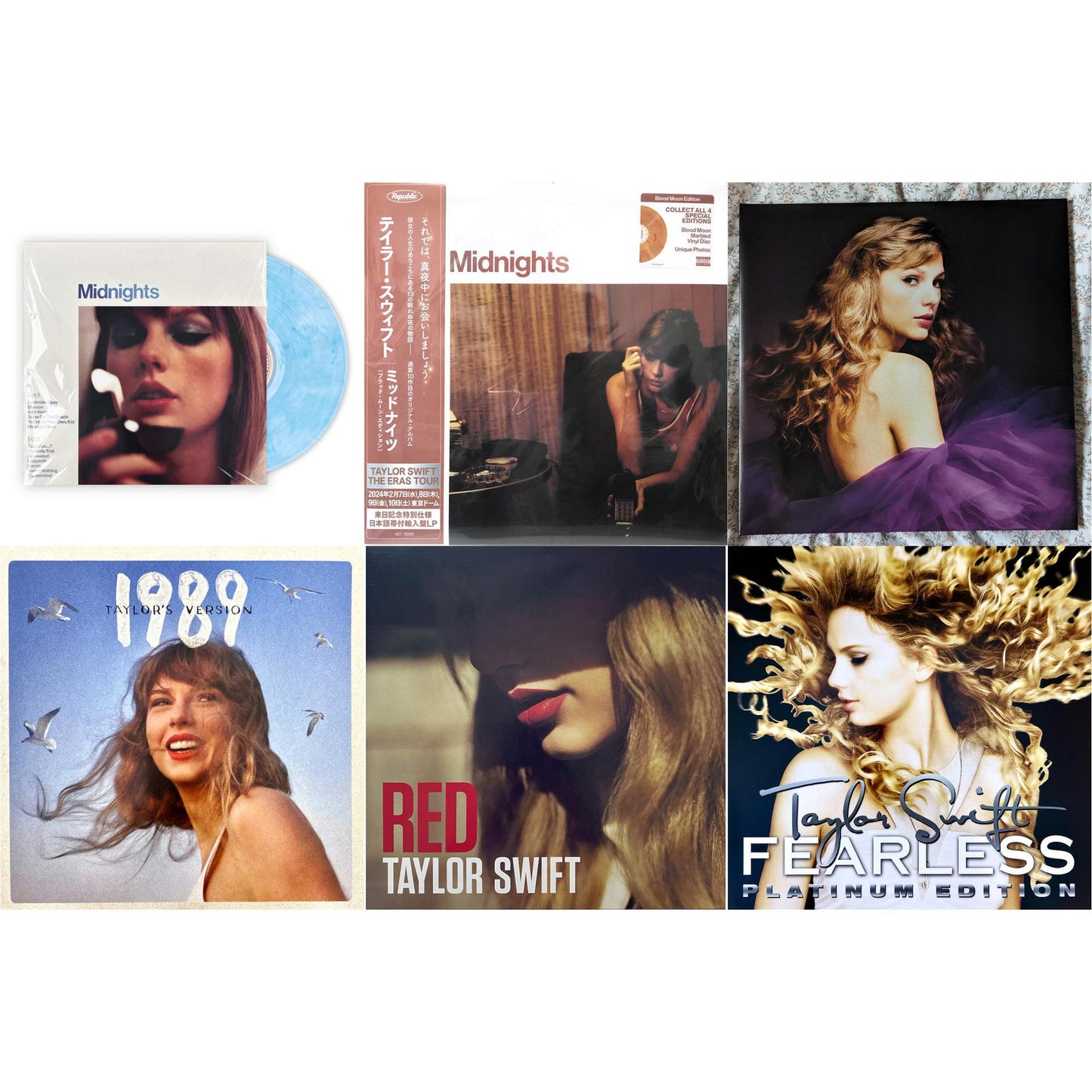 Midnights (X) (Moonstone Blue LP Vinyl) & Midnights (X) (Blood Moon LP Vinyl) & Speak Now (Taylor's Version) (Orchid Marbled Vinyl/3LP) & 1989 (Taylor's Version) (2LP/Crystal Skies Blue Vinyl) & Red & Fearless Platinum Edition