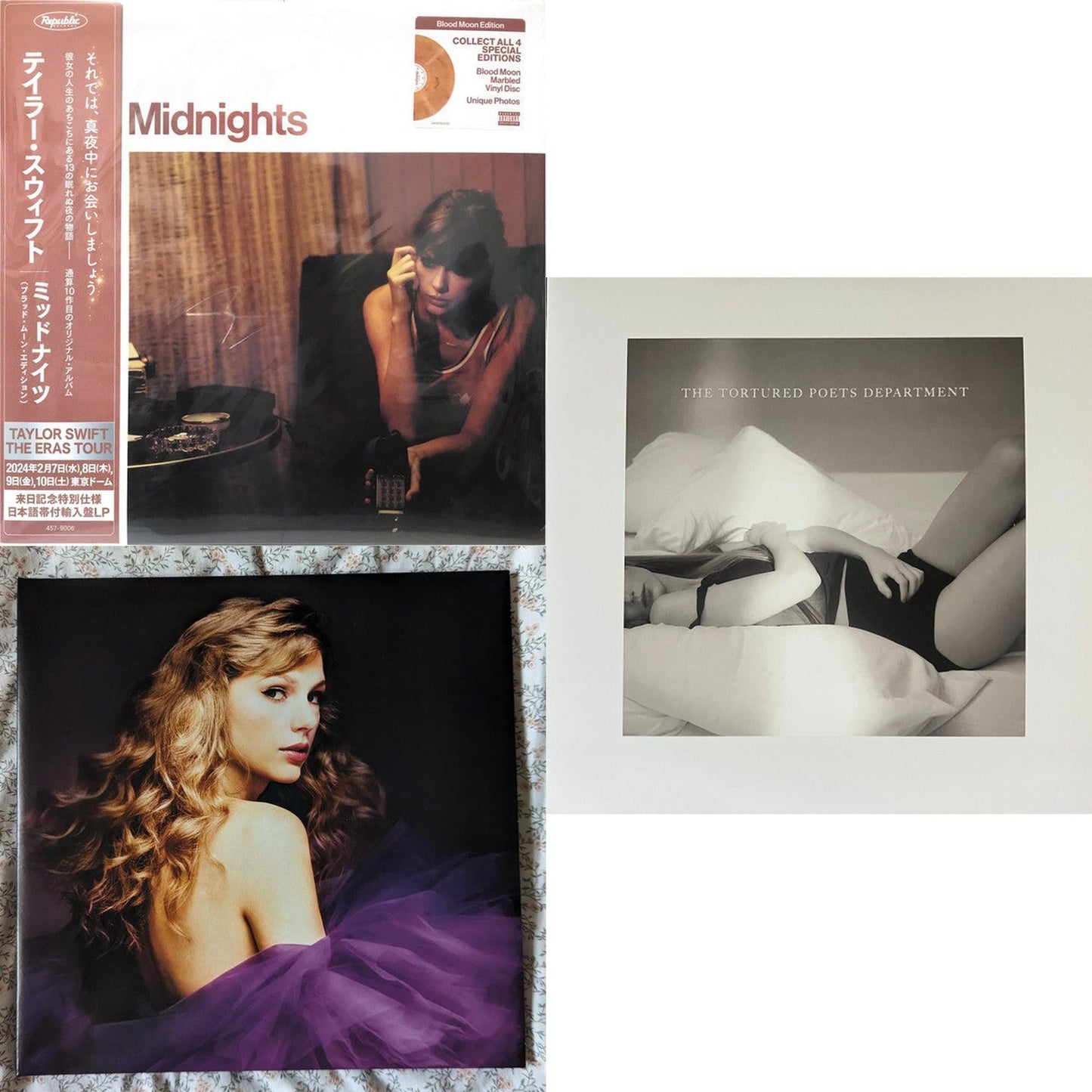 Midnights (X) (Blood Moon LP Vinyl) & Speak Now (Taylor's Version) (Orchid Marbled Vinyl/3LP) & Tortured Poets Department (X) (Ghosted White Vinyl/2LP/Manuscript- Bonus Track)