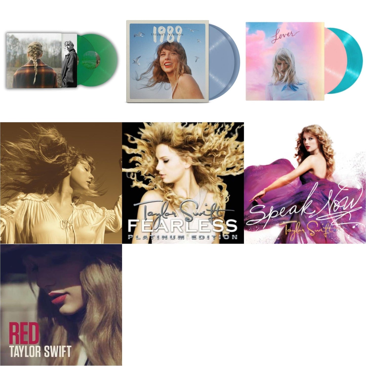 This is a 7 LP Vinyl SKU bundle.
1.This LP Vinyl is brand new.Format: LP VinylMusic Style: Alternative RockThis item's title is: Evermore (Green Vinyl/2LP)Artist: Taylor SwiftLabel: Republic RecordsBarcode: 602435651279Release Date: 5/28/2021
2.This LP Vinyl is brand new.