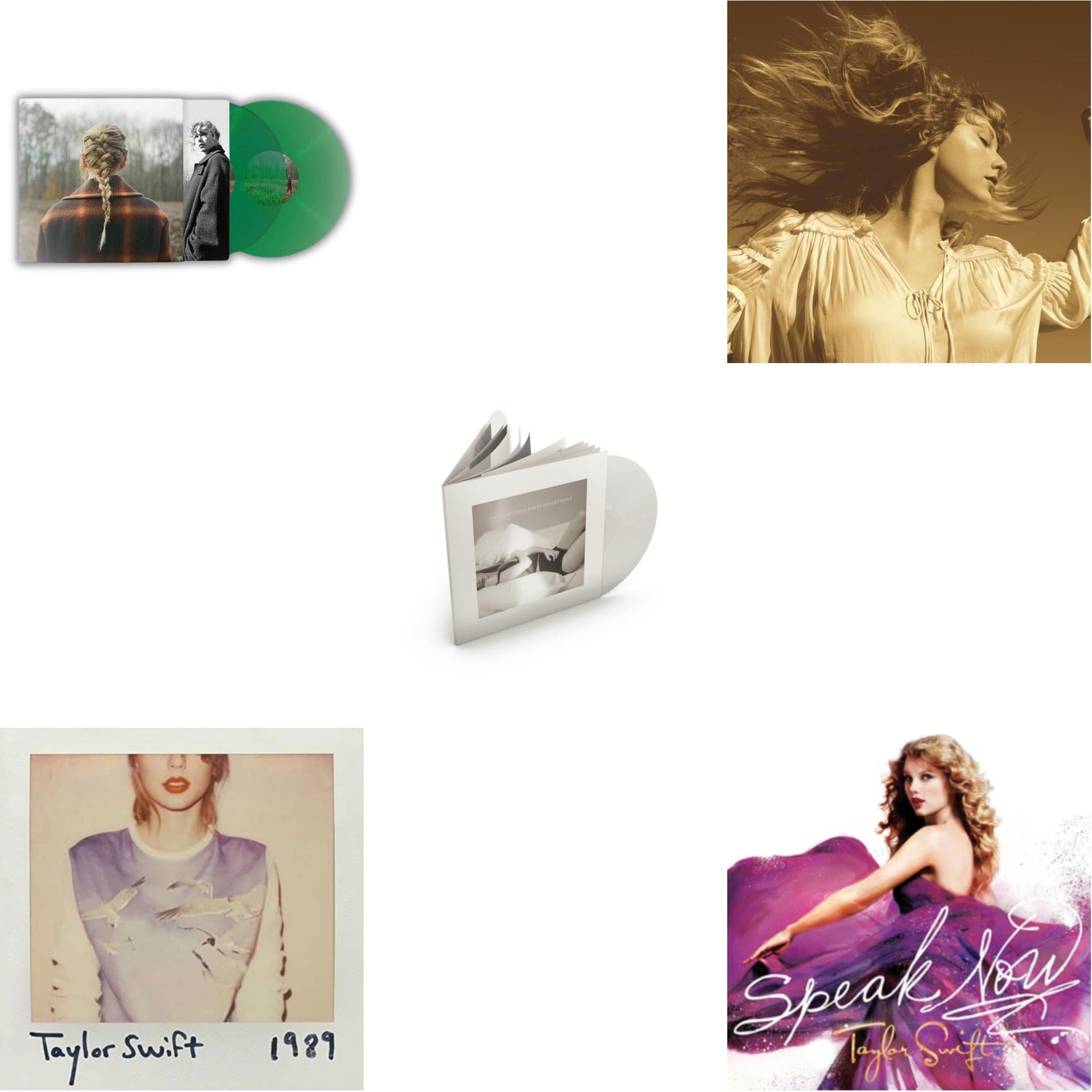 This is a 5 LP Vinyl SKU bundle.
1.This LP Vinyl is brand new.Format: LP VinylMusic Style: Alternative RockThis item's title is: Evermore (Green Vinyl/2LP)Artist: Taylor SwiftLabel: Republic RecordsBarcode: 602435651279Release Date: 5/28/2021
2.This LP Vinyl is brand new.