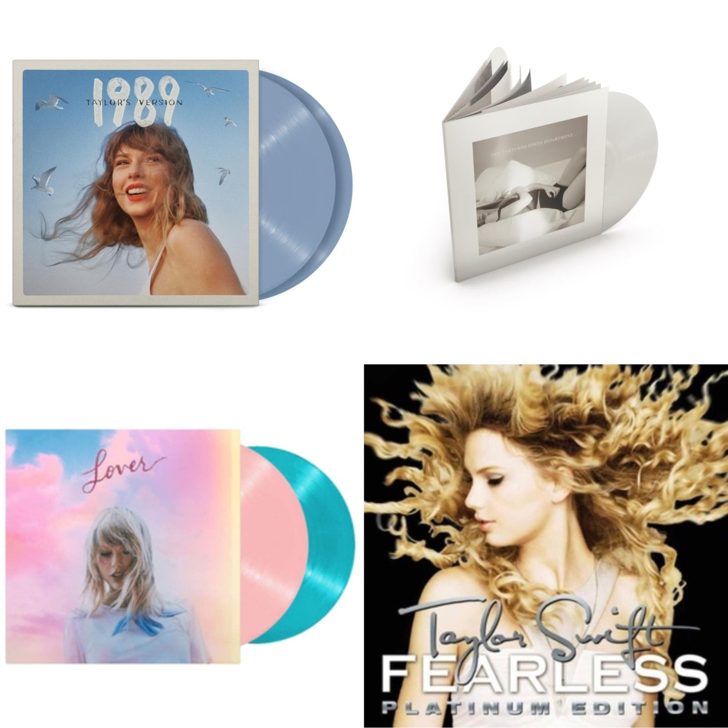 1989 (Taylor's Version) (2LP/Crystal Skies Blue Vinyl) & Tortured Poets Department (X) (Ghosted White Vinyl/2LP/Manuscript- Bonus Track) & Lover & Fearless Platinum Edition