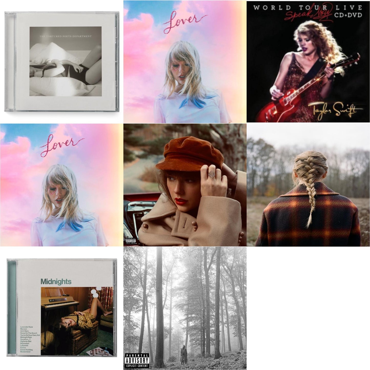 This is a 8 CD SKU bundle.
1.This CD is brand new.Format: CDThis item's title is: Tortured Poets Department (X) (Manuscript- Bonus Track)Artist: Taylor SwiftBarcode: 602465081343Release Date: 4/19/2024
2.This CD is brand new.