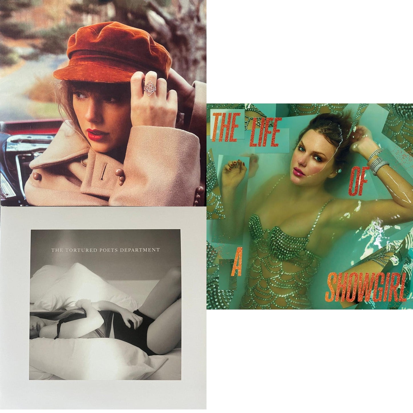 Red (Taylor's Version) (4LP) & Tortured Poets Department (X) (Ghosted White Vinyl/2LP/Manuscript- Bonus Track) & Life Of A Showgirl (X) (Sweat & Vanilla Perfume Portofino Orange Glitter LP Vinyl)
