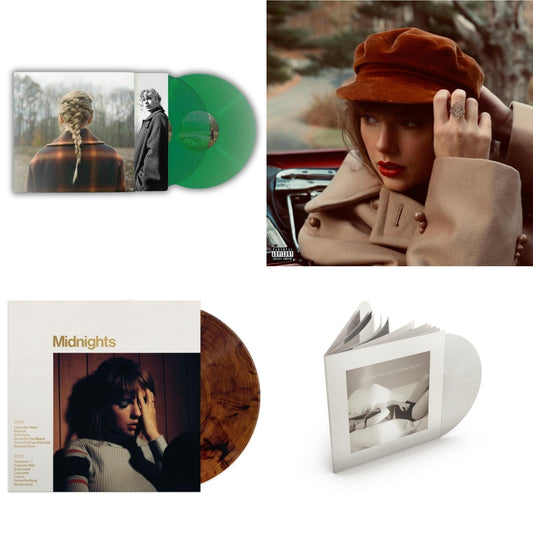 Taylor Swift - Evermore (Translucent Green Vinyl/2LP) & Red (Taylor's Version) (4LP) & Midnights (X) (Mahogany Color LP Vinyl) & Tortured Poets Department (X) (Ghosted White Vinyl/2LP/Manuscript- Bonus Track)