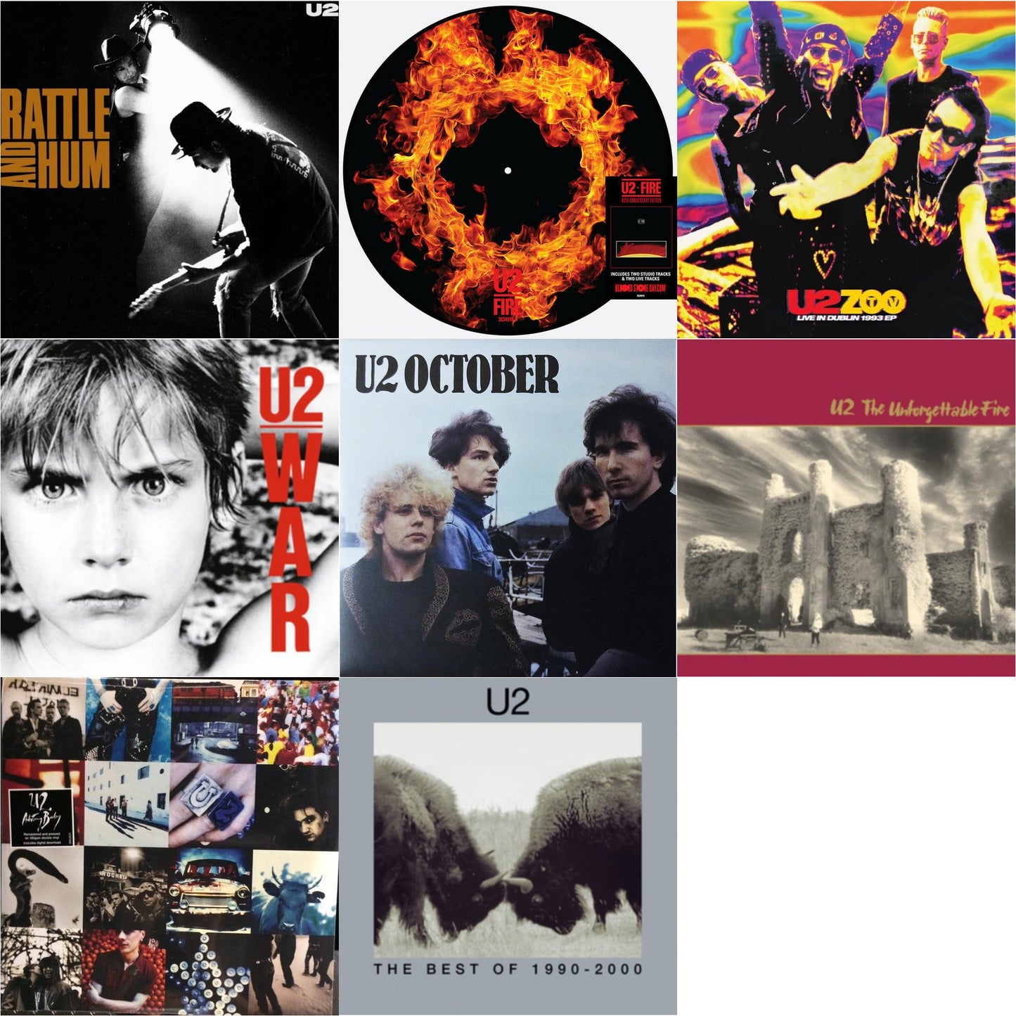 Rattle & Hum & Fire (40Th Anniversary Edition/Picture Disc) & Zoo Tv: Live In Dublin 1993 (Ep) & War & October & Unforgettable Fire & Achtung Baby (180G/2 LP) & Best Of 1990-2000 (2LP)