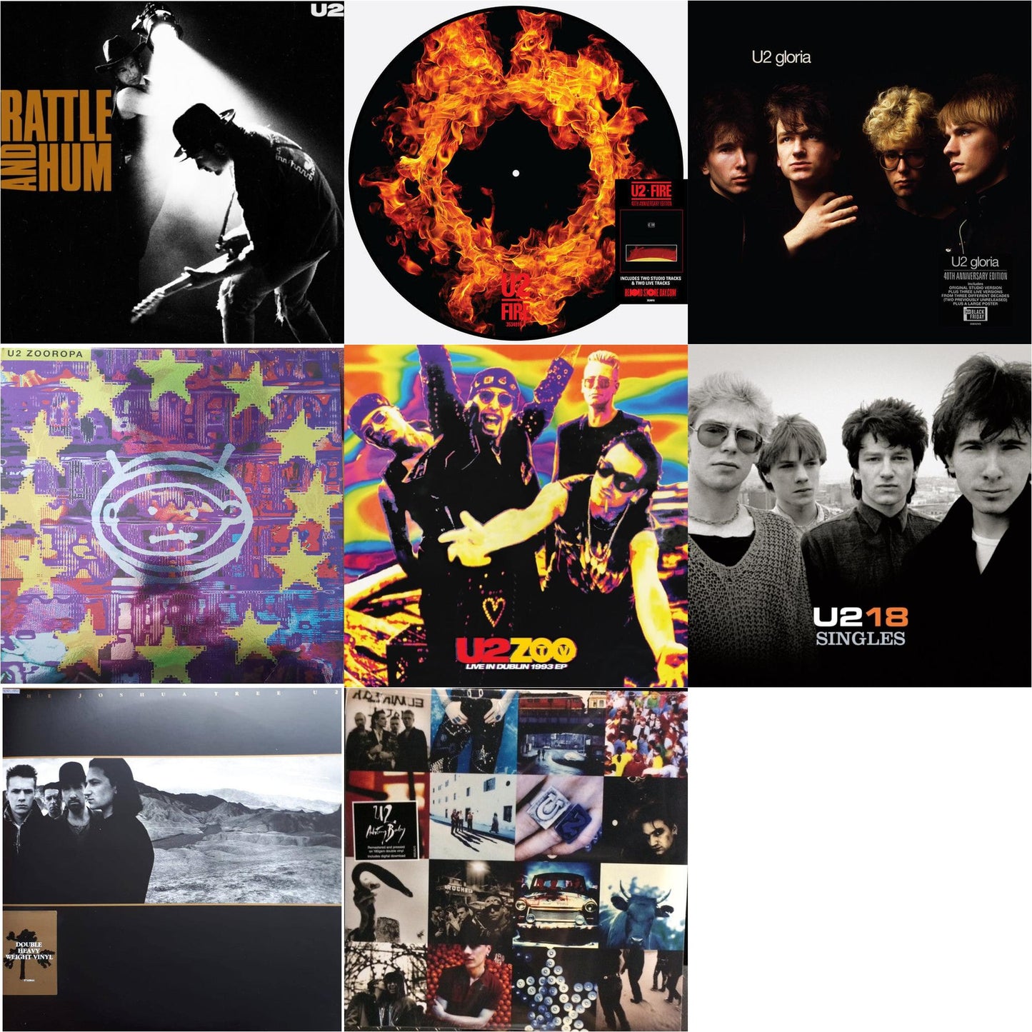 Rattle & Hum & Fire (40Th Anniversary Edition/Picture Disc) & Gloria (40Th Anniversary/180G/Transparent Yellow LP Vinyl) & Zooropa (Transparent Yellow/2LP) & Zoo Tv: Live In Dublin 1993 (Ep) & U218 Singles & Joshua Tree & Achtung Baby (180G/2 LP)