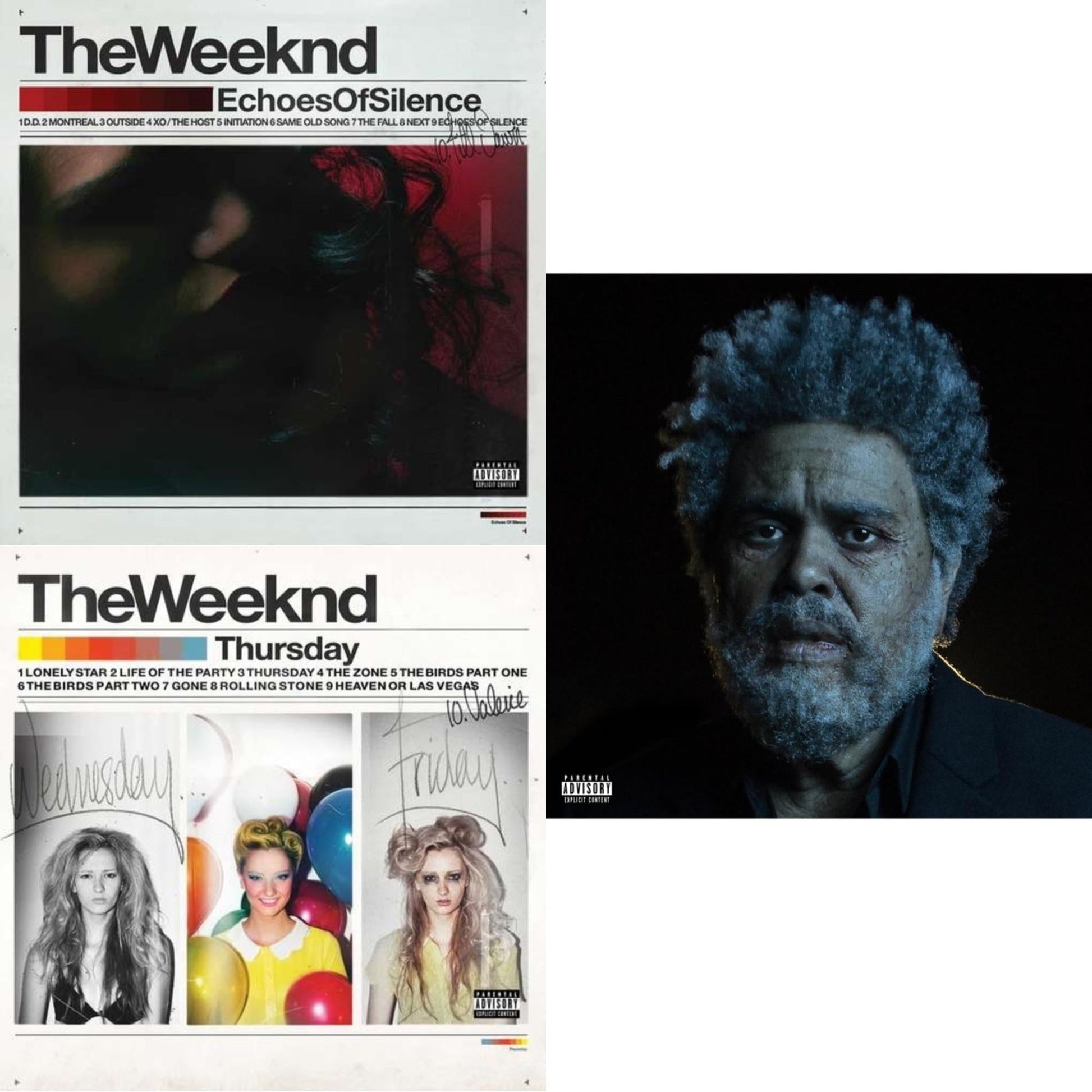 This is a 3 LP Vinyl SKU bundle.
1.This LP Vinyl is brand new.Format: LP VinylMusic Style: Contemporary R&BThis item's title is: Echoes Of SilenceArtist: WeekndLabel: REPUBLICBarcode: 602547261472Release Date: 8/28/2015
2.This LP Vinyl is brand new.