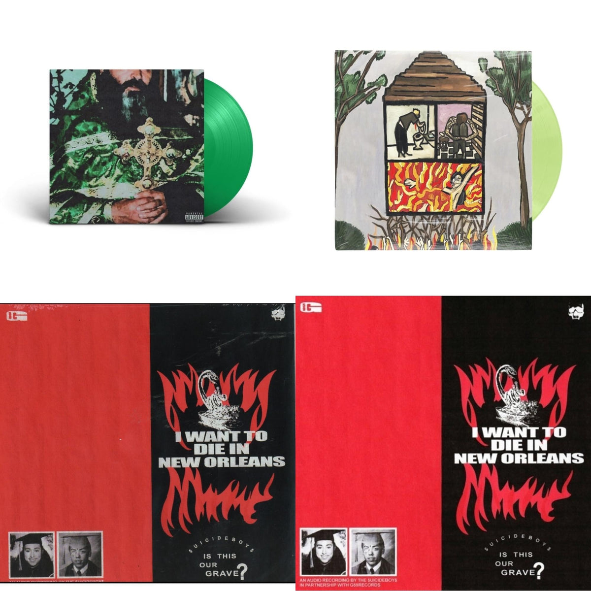 $Uicideboy$ - Long Term Effects Of Suffering (Glow Green LP Vinyl) & Sing Me A Lullaby My Sweet Temptation (Green LP Vinyl) & I Want To Die In New Orleans (Red/Black LP Vinyl) & I Want To Die In New Orleans (Silver LP Vinyl)