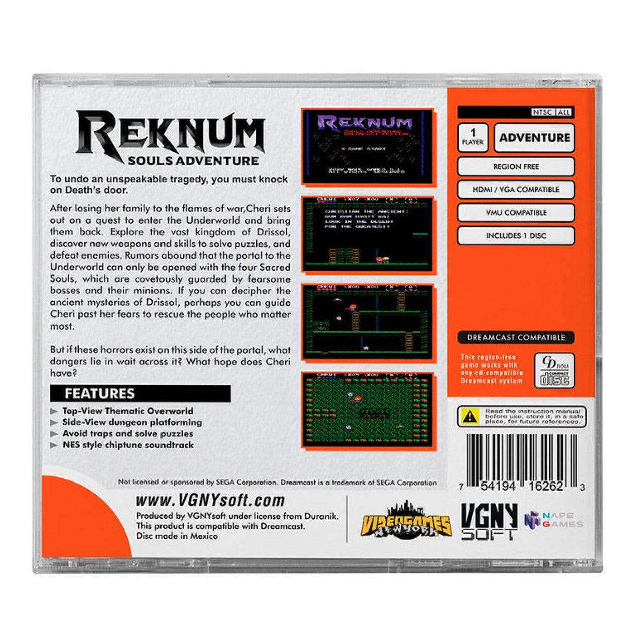 This is brand new.Reknum Souls Adventure is an action, exploration and 2D platformer videogame ported to the Dreamcast, it is the latest installment in the REKNUM saga but one of the first in the REKNUM Timeline.
