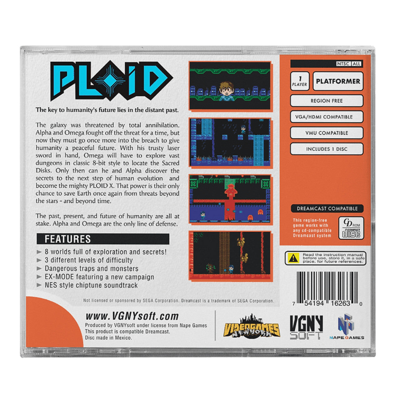 This is brand new.Ploid is a classic retro adventure game ported to the Dreamcast. Play and explore the lost temples in order to gain the sacred disc files and become the ultimate Ploid X of the galaxy!
The Ploids have formed the patrol that protects time and space to avoid repeating the story with Dr. Elo.